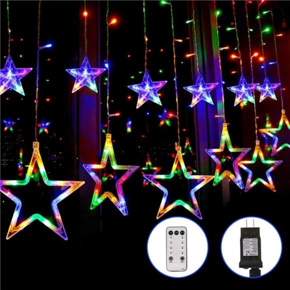 Star Curtain Lights 138 LED 12 Star Multicolor Christmas Lights 8.2ftConnectable - Picture 1 of 6